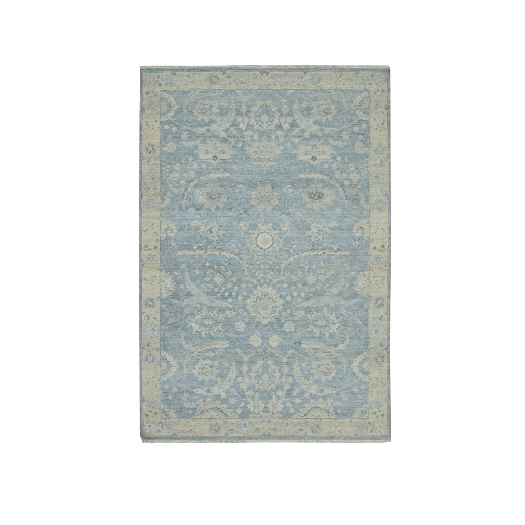 6'x9'1" Baby Blue, Pure Wool, Sickle Leaf Design, Hand Knotted, Zero Pile, Cropped Low and Antique Finish, Vegetable Dyes, Oriental Rug 